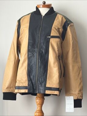 Tri-Tone Leather Bomber Jacket - Black & Tan & Green 80s inspired
